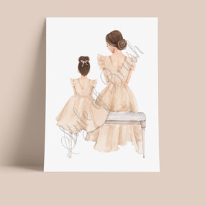 May include: Watercolor illustration of two people wearing beige dresses. The person in the back is sitting on a bench. The person in the front is standing with their back to the viewer.
