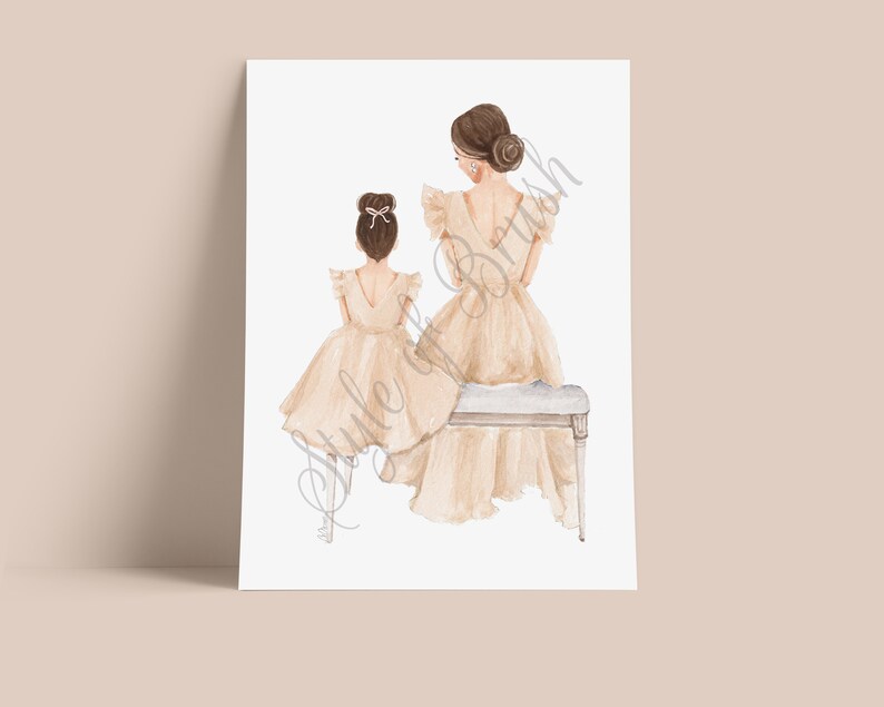 May include: Watercolor illustration of two people wearing beige dresses. The person in the back is sitting on a bench. The person in the front is standing with their back to the viewer.