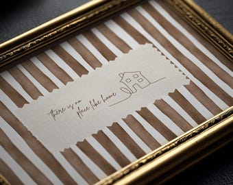 There Is No Place Like Home-afdruk | Bruine streep aquarelkunst, gezellig interieur