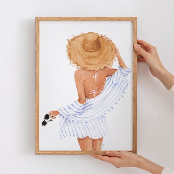 Beach Girl Watercolor Print | Straw Hat Summer Fashion Illustration | Coastal Wall Art