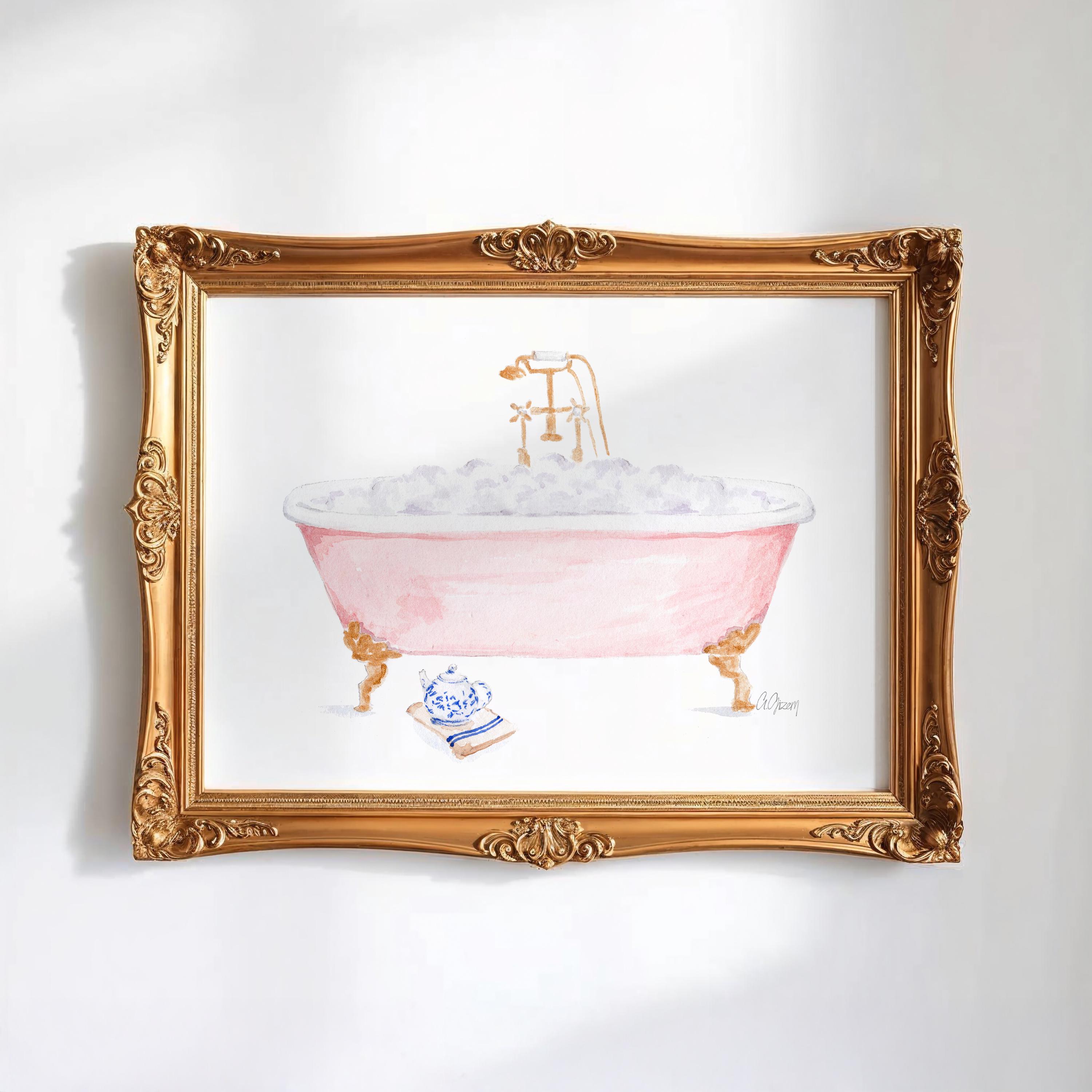 マルコ・ファビアーノ絵画「足付きのバスタブ」　新品・未使用　送料無料 ピンクの猫足バスタブの水彩画プリント｜バスルームの壁アート｜泡風呂