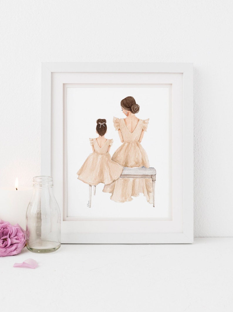 May include: Watercolor illustration of a mother and daughter wearing matching beige dresses. The mother is sitting on a bench and the daughter is standing in front of her. The illustration is in a white frame.