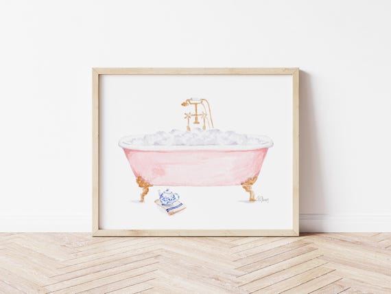 ピンクの猫足バスタブの水彩画プリント｜バスルームの壁アート｜泡風呂