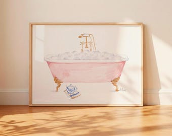 ピンクの猫足バスタブの水彩画プリント｜バスルームの壁アート｜泡風呂