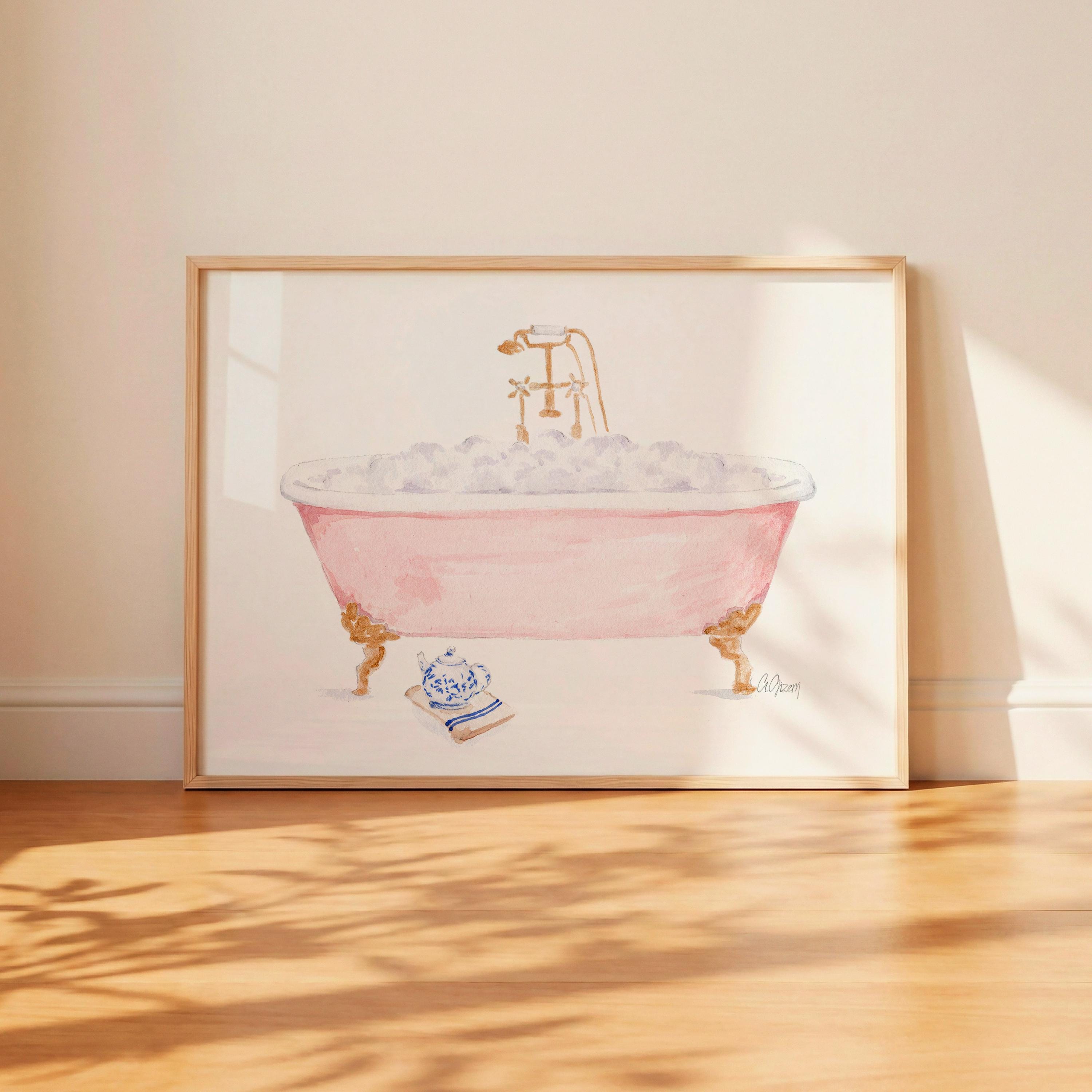 ピンクの猫足バスタブの水彩画プリント｜バスルームの壁アート｜泡風呂