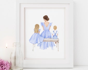 Mother and Children Art Print, Personalized Family Illustration Gift (Digital Download)