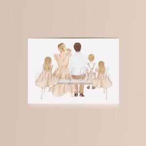 Pode incluir: Ilustra&ccedil;&atilde;o em aquarela de uma fam&iacute;lia de cinco pessoas sentadas em um banco, vista por tr&aacute;s. Os pais e filhos est&atilde;o vestidos em tons neutros. O texto "Style of Brush" &eacute; vis&iacute;vel no canto inferior esquerdo.