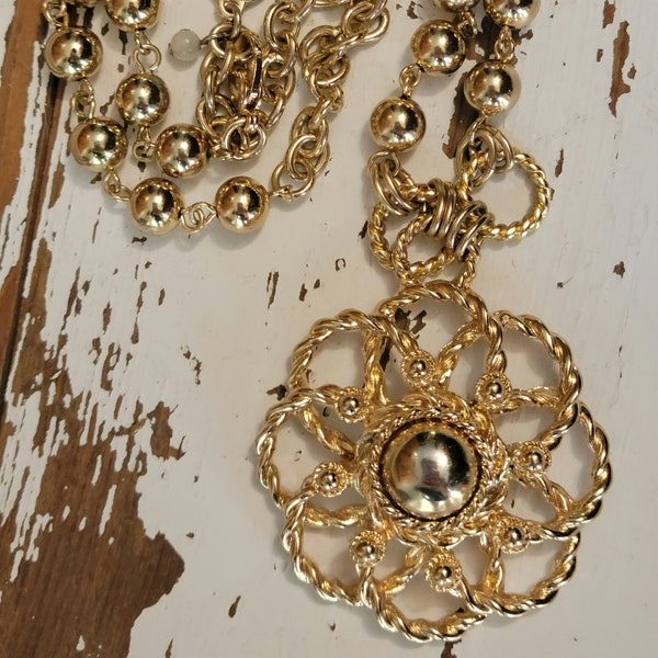 Vintage Rare Bill Blass Rosette Gold Color Beads Pendant Necklace - Vintage Designer Necklace