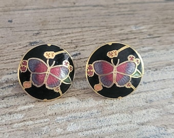 Vintage Round Art Deco Enamel Cloisonne Butterfly Stud Earrings – Enameled & Etched Scroll Design