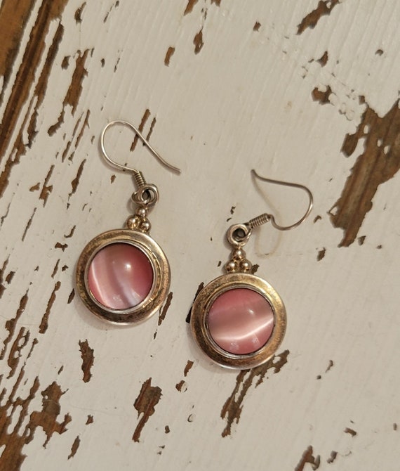 Vintage Sterling Silver Domed Pink Cat Eye Earrings - Retro Pink 