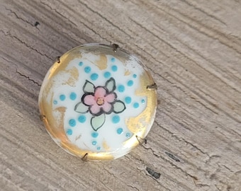 Victorian Hand Painted Ceramic Plaque Brooch Brass Backing