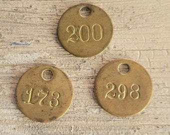 Vintage Set of 3 Double Sided Numbered Round Brass Tags - Number Tag - Locker Key Tags - Industrial Tool Tag- Steampunk - Cow Tag