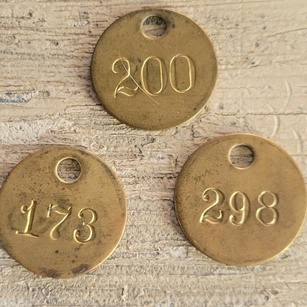Vintage Set of 3 Double Sided Numbered Round Brass Tags - Number Tag - Locker Key Tags - Industrial Tool Tag- Steampunk - Cow Tag