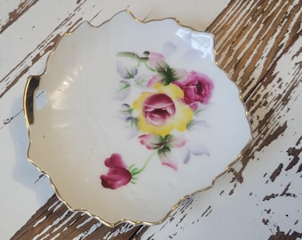 Vintage Floral Trinket Dish – Hand Painted Leaf Dish, MT Japan