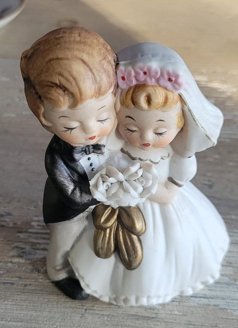 Vintage Ceramic Wedding Bridal Shower Cake Topper Bride and Groom