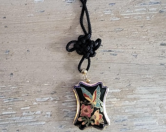 Vintage 1980s Butterfly & Floral Cloisonné Pendant Necklace