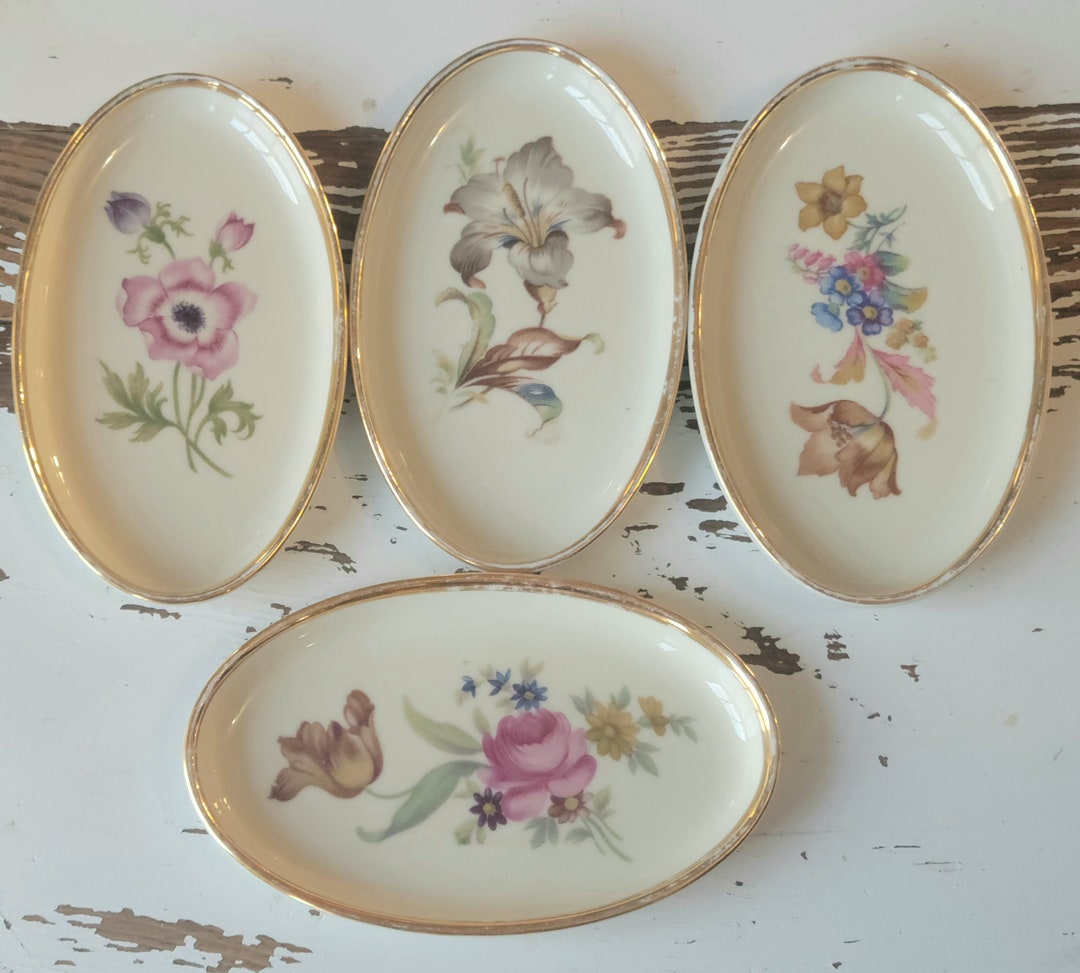 Vintage Danmark Set of 4 Porcelain Oval Gold Trim Hand Painted Flowers Dishes Vintage Denmark