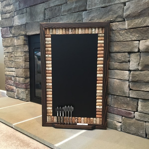 Dart Scoreboard Made with Wine Corks | 28" x 18" Scoreboard or Message Board | Espresso Frame | Game Room Décor | Kitchen Decor | Chalkboard