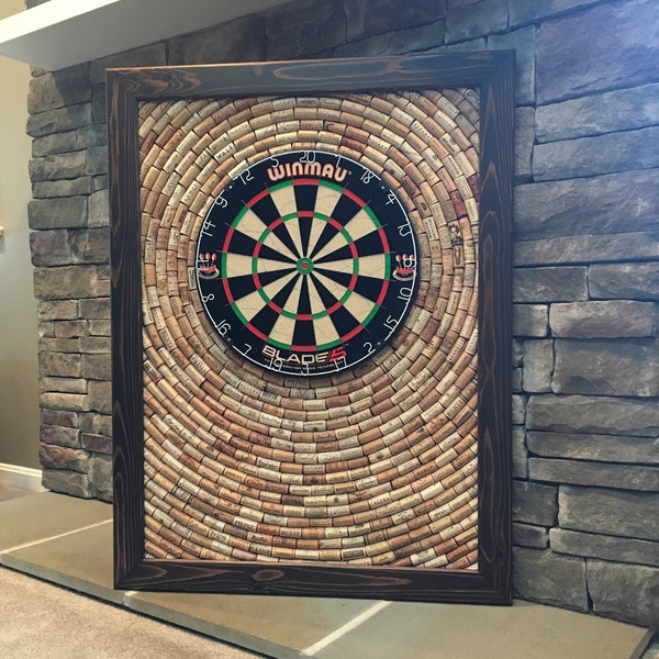 Dart Board Backboard in Espresso Finish Surrounded by Wine Corks | 42" x 32" is Perfect for Game Room or Bar
