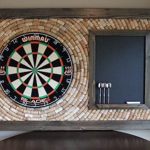 Dart Board Backboard with Scoreboard and Dart Storage Surrounded by Wine Corks | Game Room Decor, Bar Decor, Man Cave Decor
