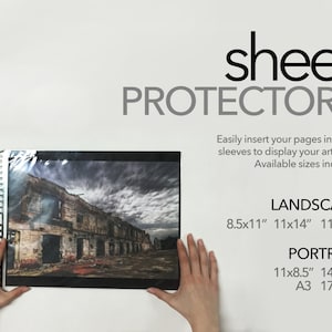 May include: A clear plastic sheet protector for displaying artwork. The sheet protector is 8.5 inches by 11 inches and is designed to fit into a binder or portfolio. The text on the image reads "sheet protectors" and lists available sizes in inches: 8.5x11, 11x14, 11x17, 11x8.5, 14x11, A3, and 17x11.