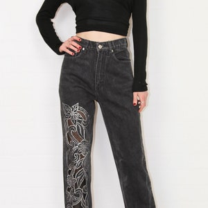Vintage 1980s 1990s Schwarze Bestickte High Waist Jeans Größe AU 6