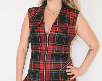 Vintage 1990's Red Plaid Zip Up Dress with Lace Up Back Size AU 10-12