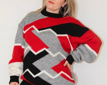 Pull grand-père en tricot géométrique gris, rouge et noir vintage des années 1980 taille XL