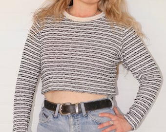 Vintage 1990s Black and White Cropped Cotton Knit Jumper Sweater size M