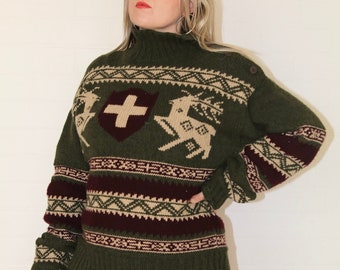 Ralph Lauren Polo Green Heavy Knit Deer Sweater Jumper Pullover size XL