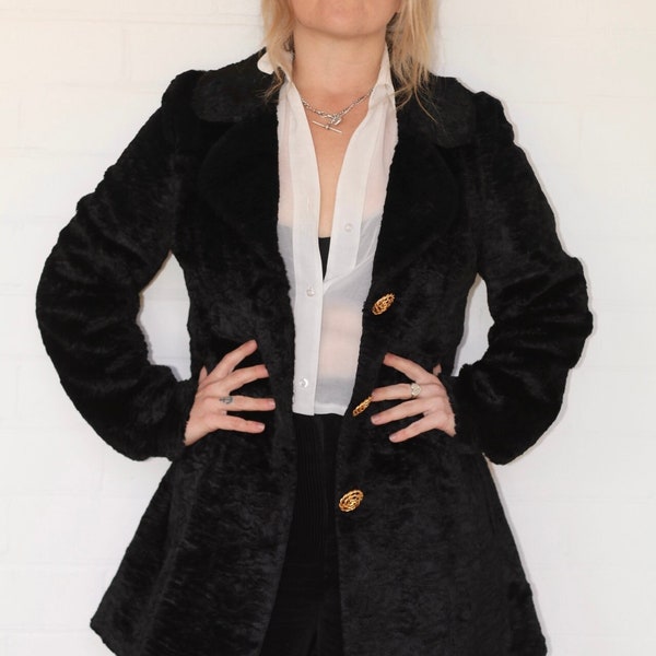 Vintage 1970's Black Velvet Coat with Large Gold Buttons Size AU 12