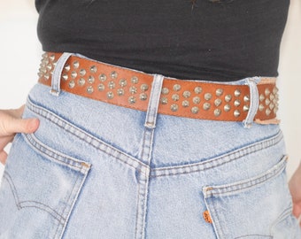 Vintage 1990s Brown Leather Silver Studded Belt size 26-32”