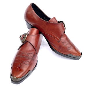 Vintage 1990s ‘Lipstik’ Brown Block Heel Western Leather Loafers with Bronze Buckles size AU 6.5