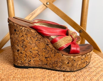 Amazing Vintage 1970s Red Platform Wedges Cork Heel size AU 7