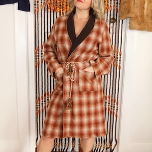 Vintage 1960s Orange Wool Plaid Dressing Gown Bath Robe Size AU S