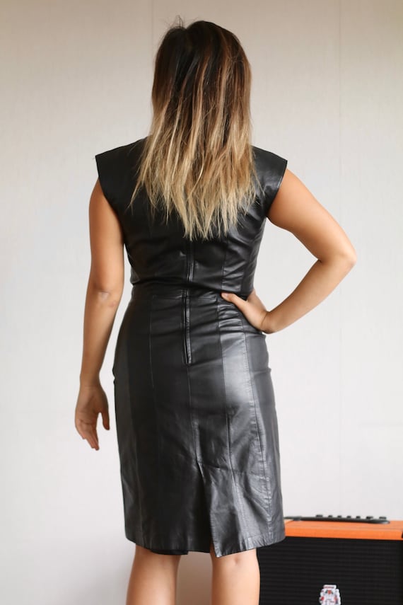 Incredible Vintage 1980s Black Leather Mini Dress… - image 2