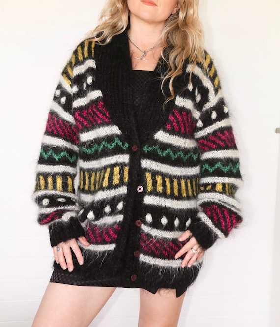 Vintage 1990s Black Multicoloured Mohair Knit Geometric Abstract 