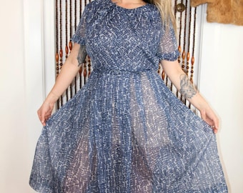 Elegant Vintage 1950s Blue Sheer Party Dress with Matching Belt size 14