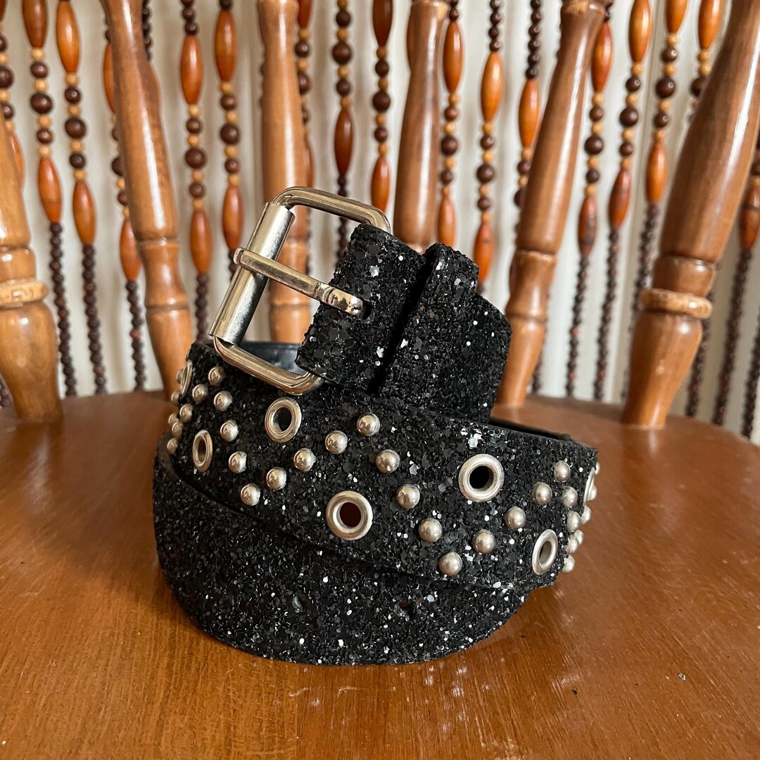 Vintage 1990s Y2K Black Glitter Leather Silver Studded and  display picture 2