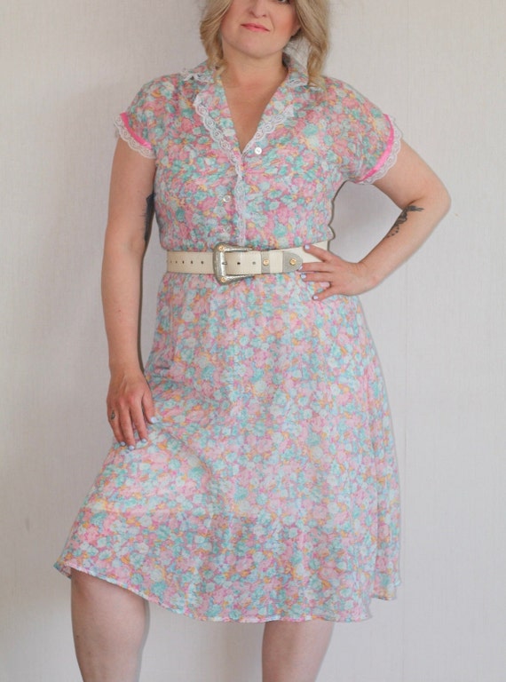 Vintage 1970's Pink Floral Prairie Dress Size 10-… - image 1