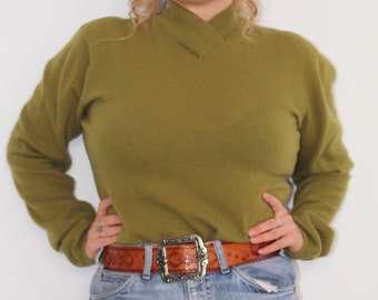 Vintage 1980s Olive Green High Neck Wool Jumper Pullover size AU 10-12
