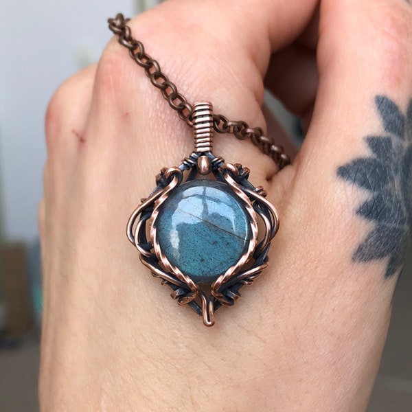 Teal Labradorite Pendant | Antiqued Copper Jewellery | Wire Wrapped Gemstone Necklace