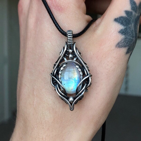 Rainbow Moonstone Pendant, Silver Wire Wrapped Necklace, Natural Gemstone Talisman, Anniversary Gift, Elegant Jewellery, Wedding Accessories
