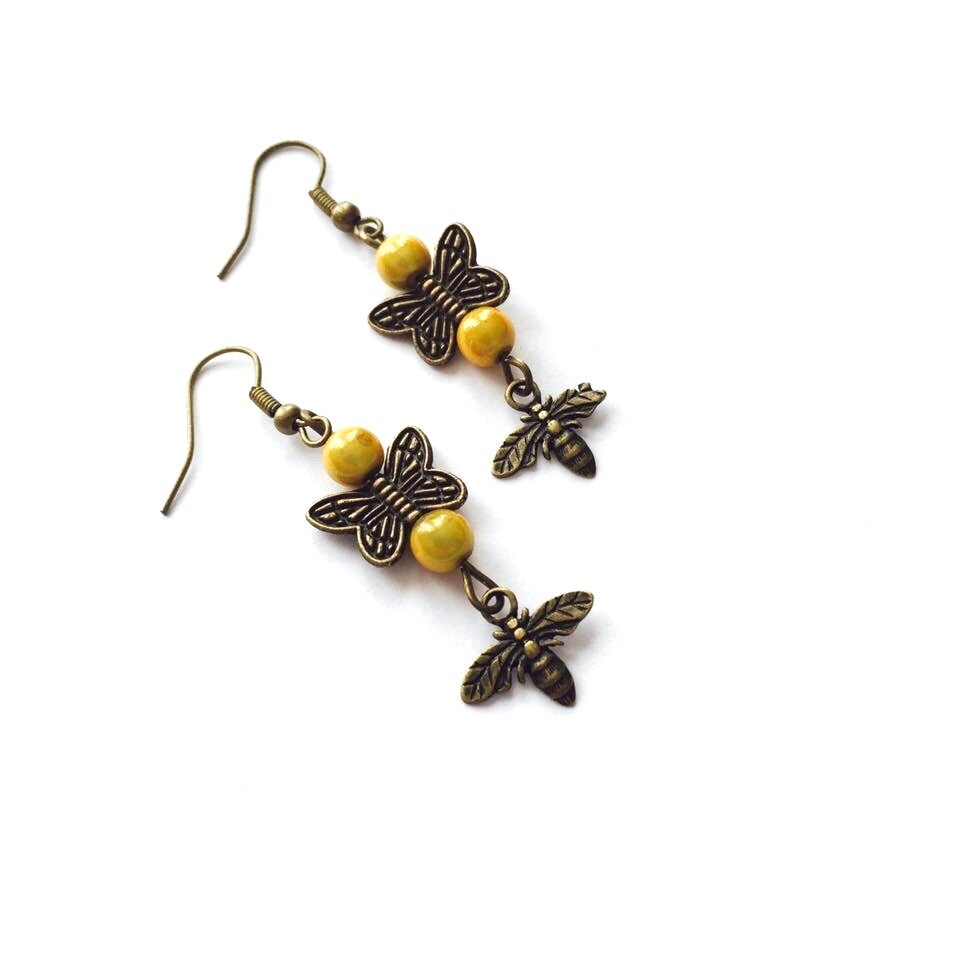 Bronze Butterfly Earrings Yellow Beaded Earrings Bronze Bee Etsy