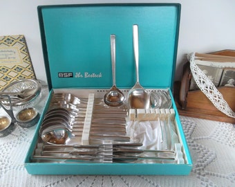 elegantes Menuebesteck, Silberbesteck BSF 90er Silber, 24 Teile, für 6 Personen, vintage Besteck der 70er - 80er Jahre mit Besteckkoffer