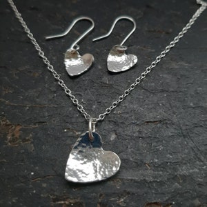 Sterling silver hammered heart necklace and earring set image 1