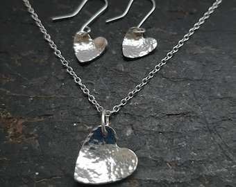 Sterling silver hammered heart  necklace and earring set