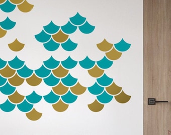 Vinilo decorativo de pared con diseño de escamas de sirena bicolor: Adhesivo geométrico con diseño de escamas de pez.