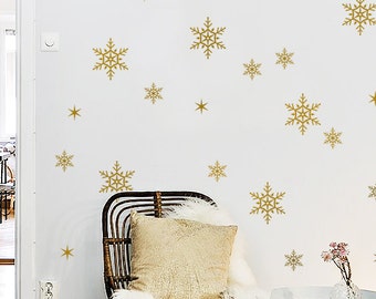 Vinilos decorativos de copos de nieve dorados para pared: Decoración navideña