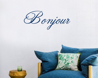 Vinilo decorativo de pared con la palabra francesa "Bonjour" - Adhesivo para puerta principal (35,5 x 12,7 cm)